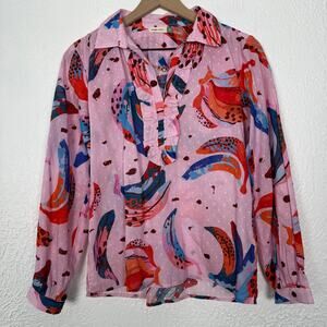 Maude Vivante Ruth Abstract Banana Swiss Dot Ruffle Popover Top Size Small